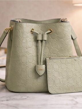 Coach Sage Green Embossed Pebbled Leather Drawstring Bucket Bag with Pouch